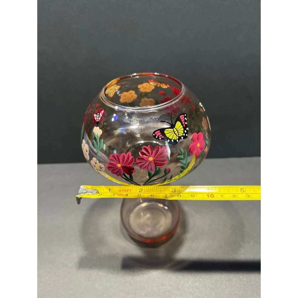 Hand Painted Glass Mushroom Vase Smoky Pink Floral Butterfly Cottagecore 7 Inch